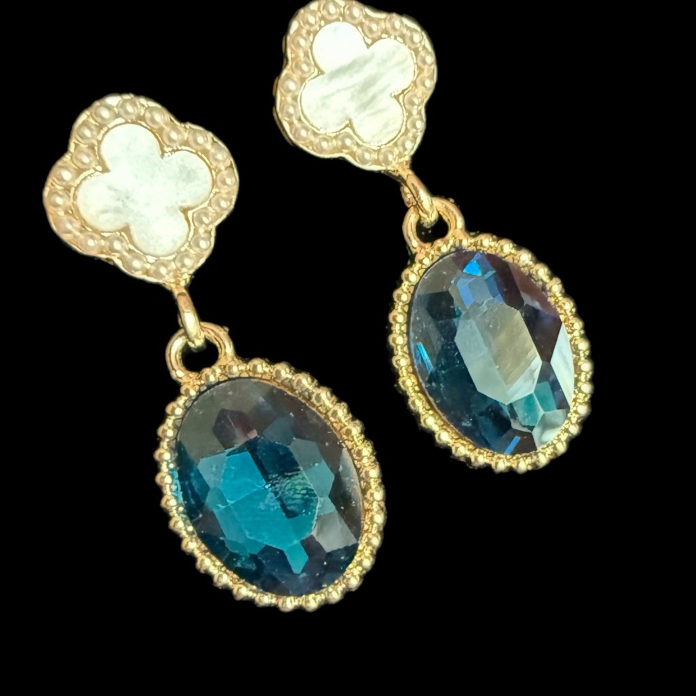Elegant Blue Crystal Drop Earrings | Gold & Rhinestone Reworked Jewelry